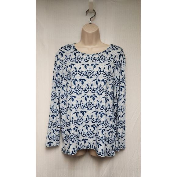 Chico's Round Neck Blue Print Paisley Long Sleeve Ultimate Tee Size 3 XL - Picture 2 of 6